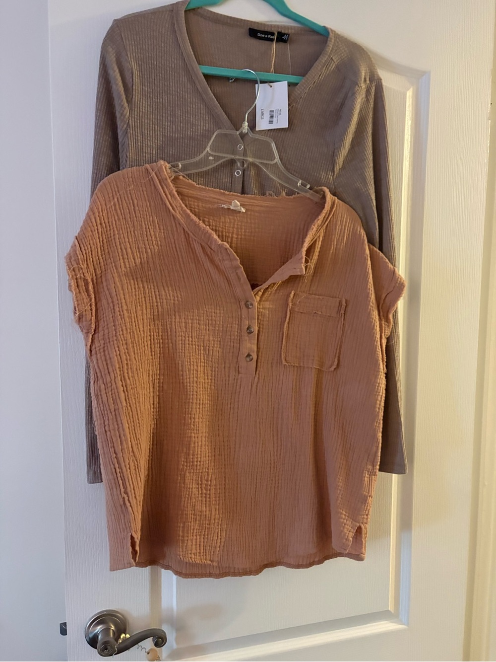 Two-Pack Women’s Short Sleeve Henley Tee Set — Dusty Rose & Taupe Size:Large